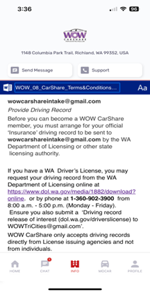 Screenshot of WOW EV CarShare's terms and conditions