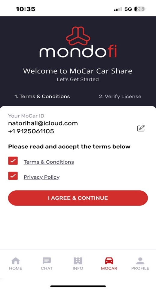 A screenshot of the ToS within a car share app.