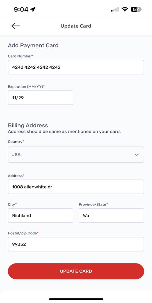 A screenshot showing how to set up a credit card payment method in the WOW EV car share app.