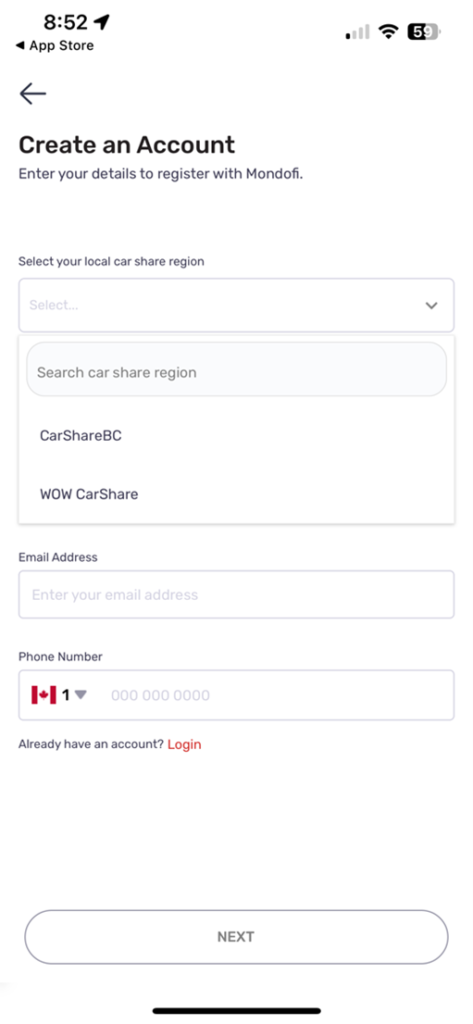 Screenshot of the account creation page within a car share app.