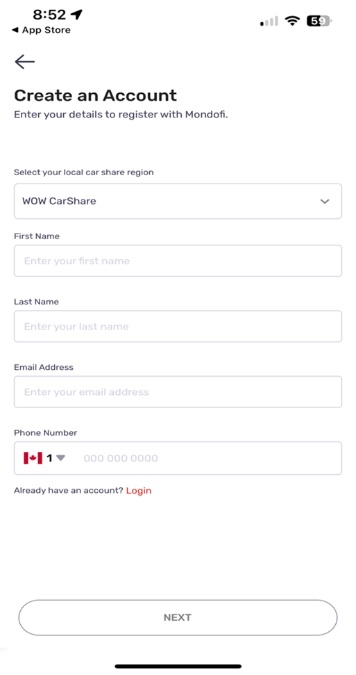 Screenshot of the account creation page within a car share app.