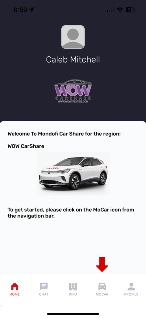 A screenshot of the home screen in a car share app.