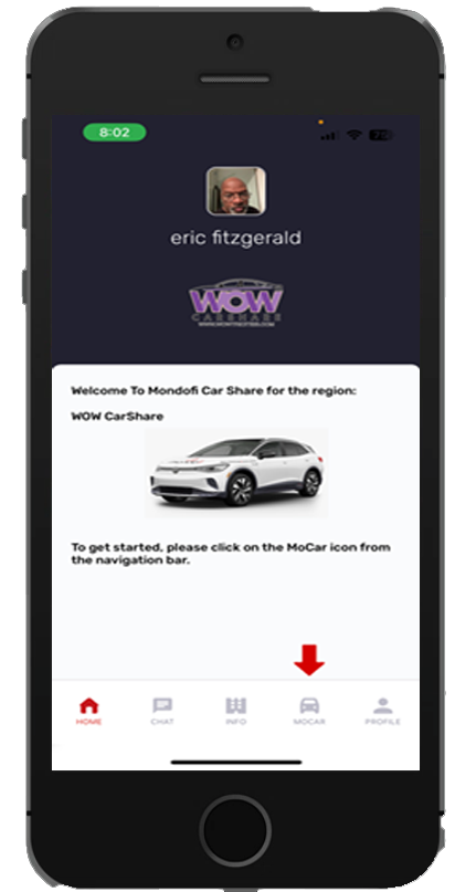 An image depicting a phone using the WOW EV car share service.